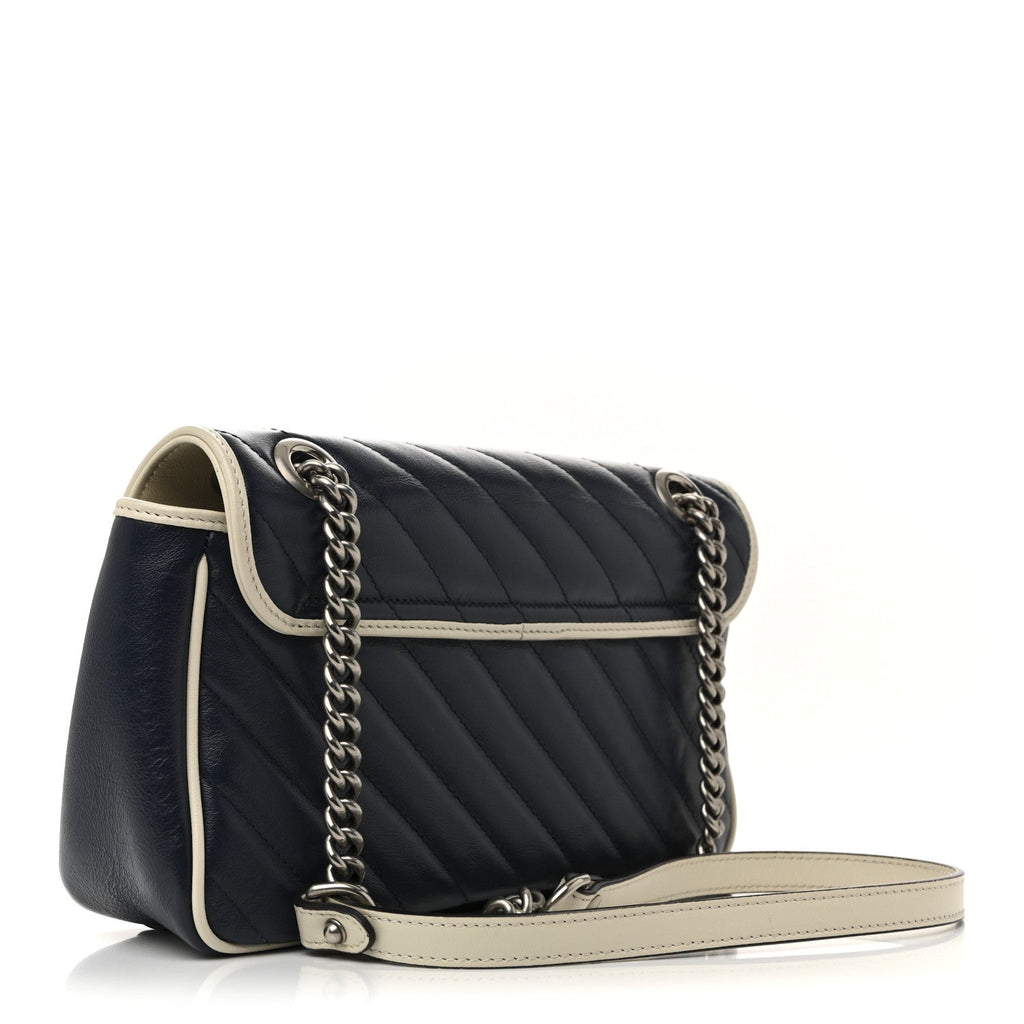 Gucci Vintage Effect Calfskin Matelasse Diagonal Small Torchon GG Marmont Shoulder Bag Blue Agata Mystic White