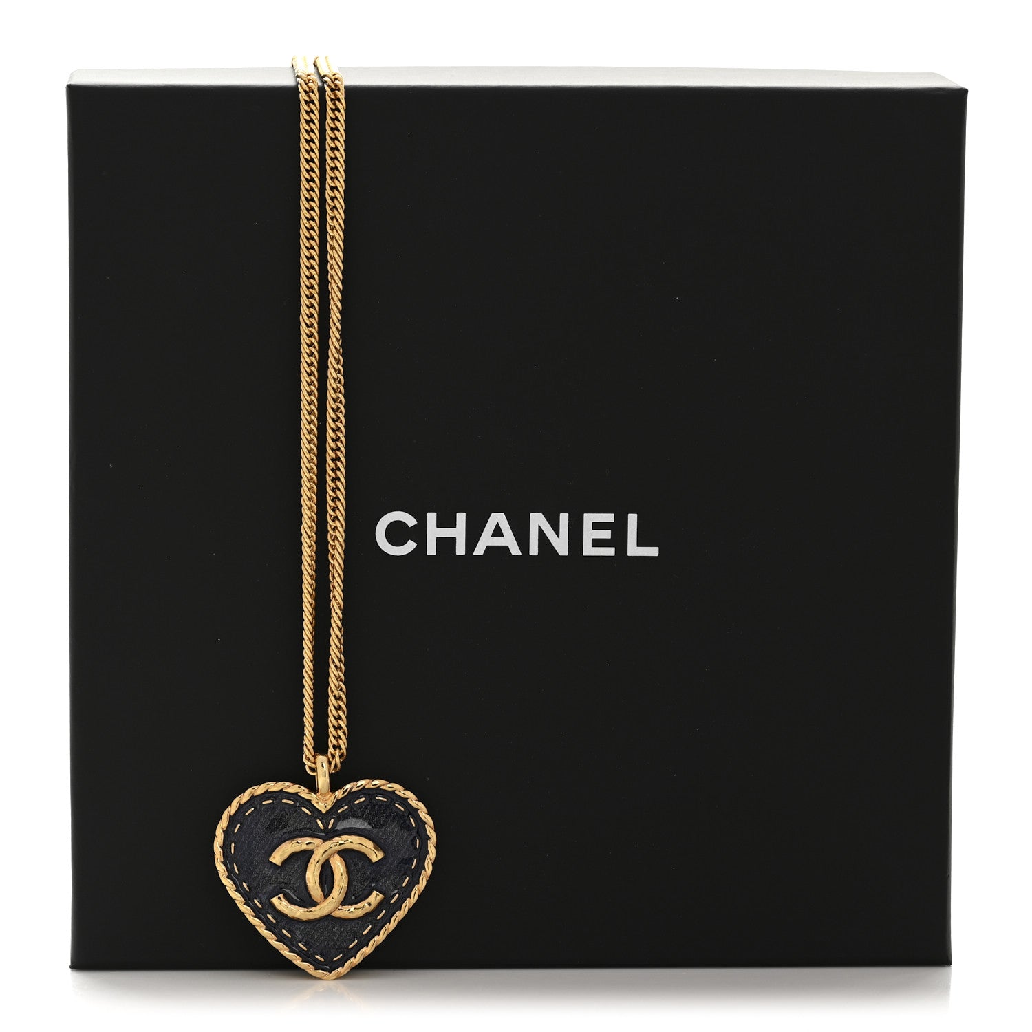 Metal Enamel CC Denim Heart Necklace Gold