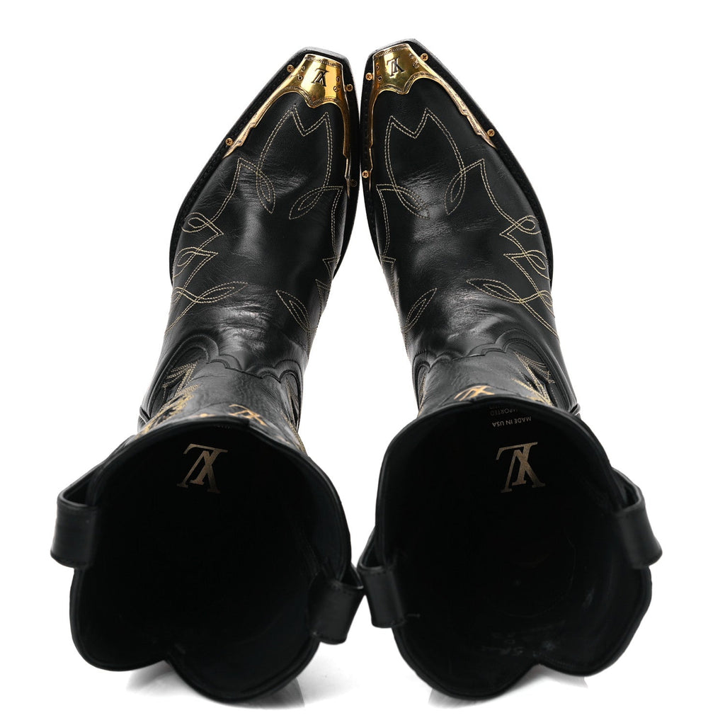 Louis Vuitton Calfskin LV Texan Mens Rider Boots 7.5 Black Gold
