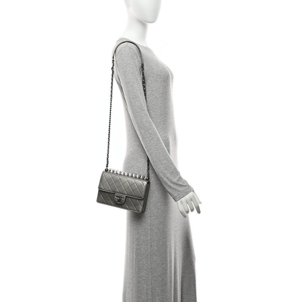 Chanel Metallic Goatskin Quilted Small Chic Pearls Flap Silver