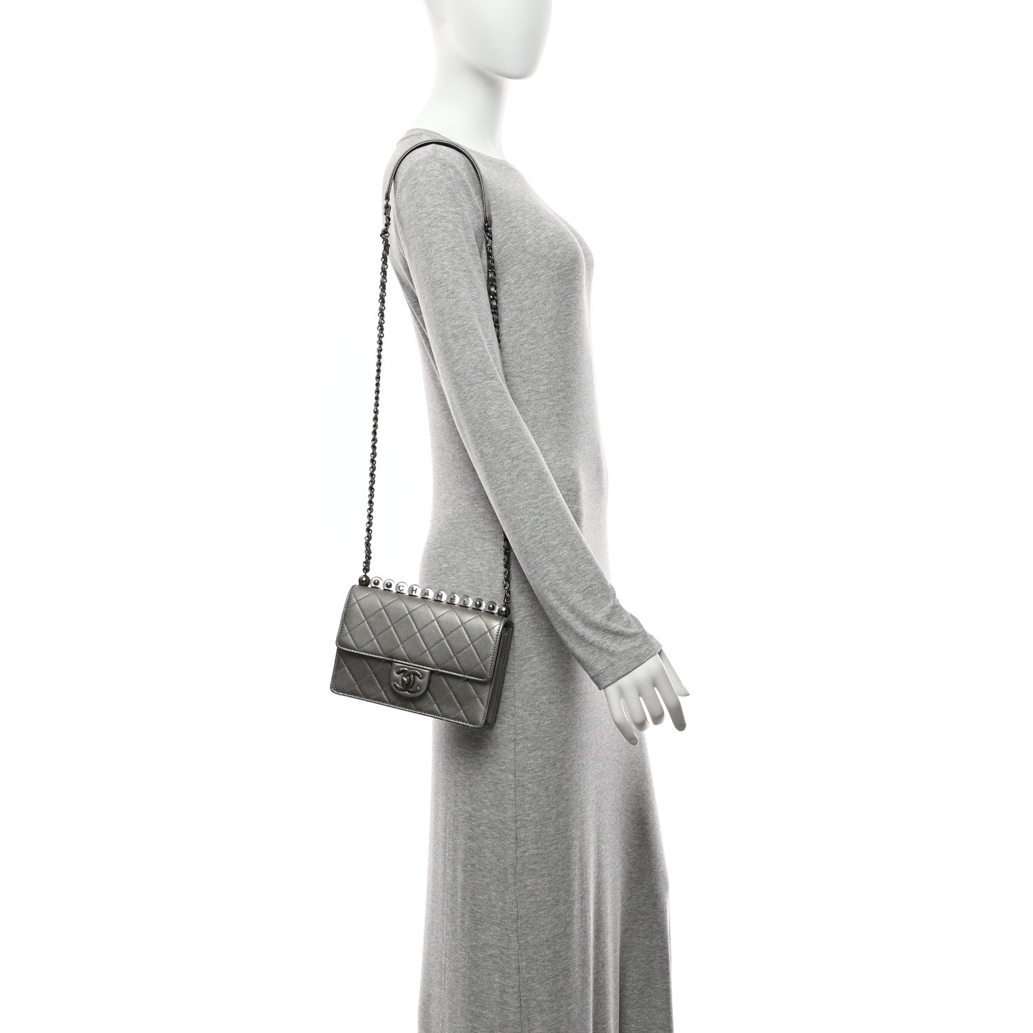 Chanel Metallic Goatskin Quilted Small Chic Pearls Flap Silver