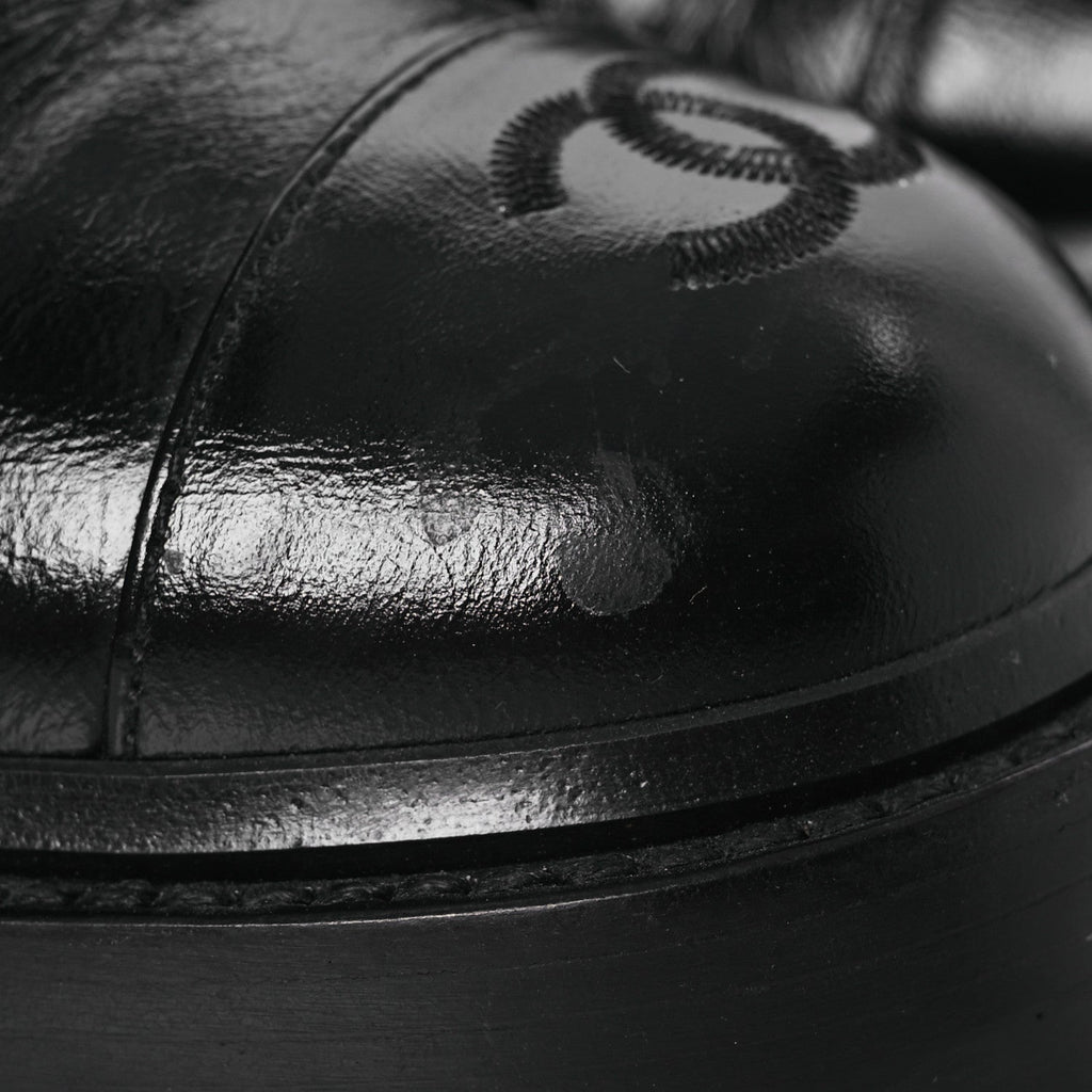 Chanel Shiny Calfskin Quilted Lace Up Combat Boots 37 Black