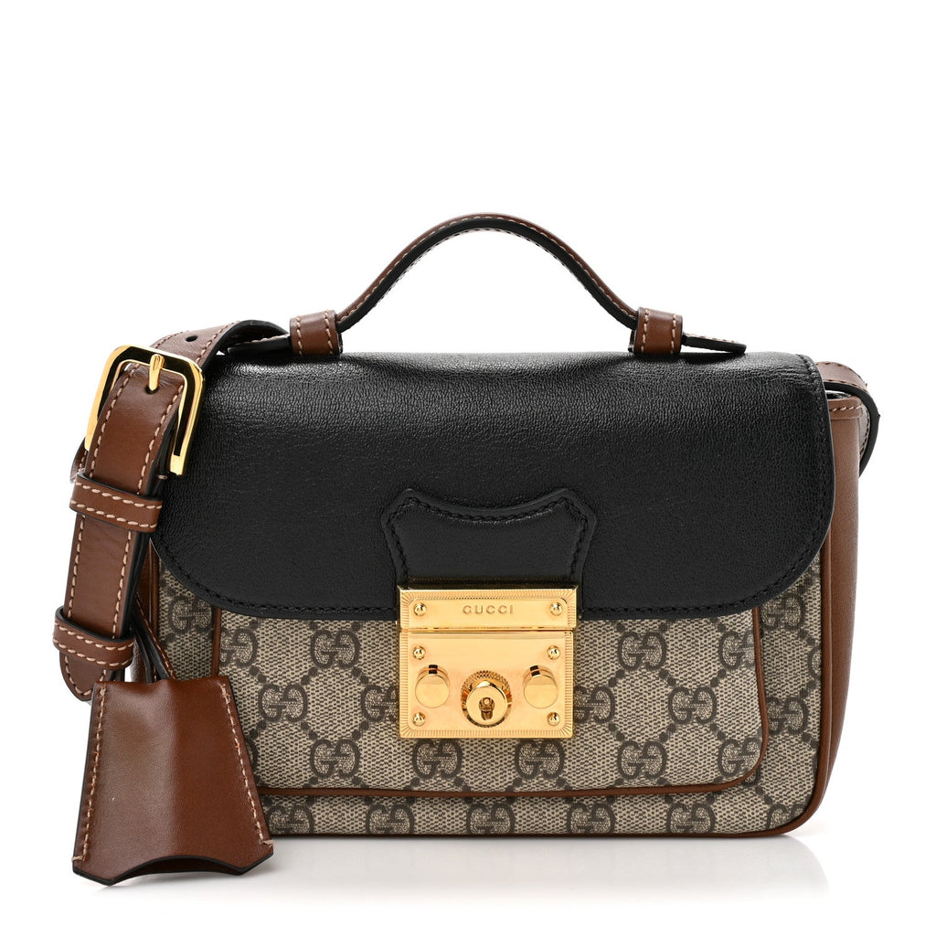 Gucci GG Supreme Monogram New Sakai Lux Calfskin Mini Padlock Flap Pocket Shoulder Bag Beige Ebony Black Cuir