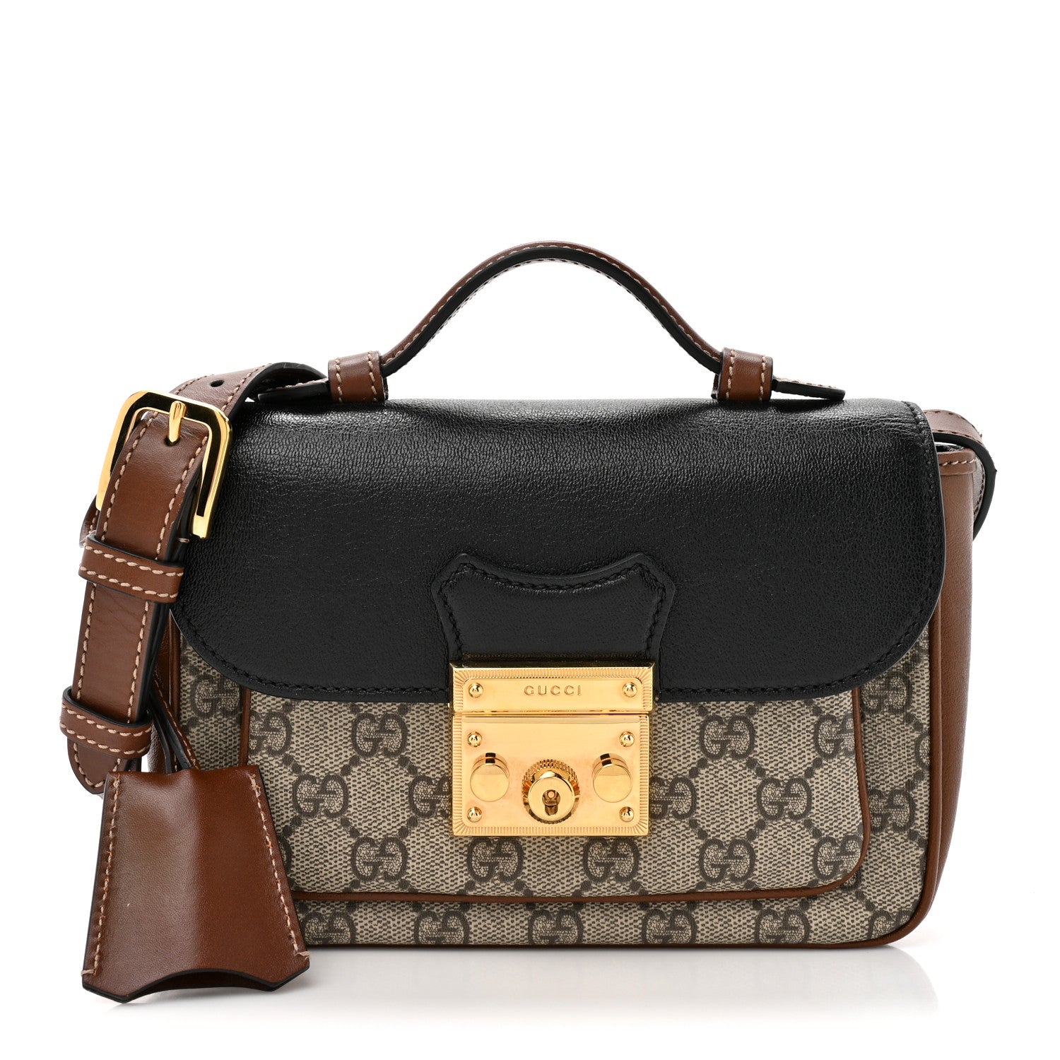 Gucci GG Supreme Monogram New Sakai Lux Calfskin Mini Padlock Flap Pocket Shoulder Bag Beige Ebony Black Cuir