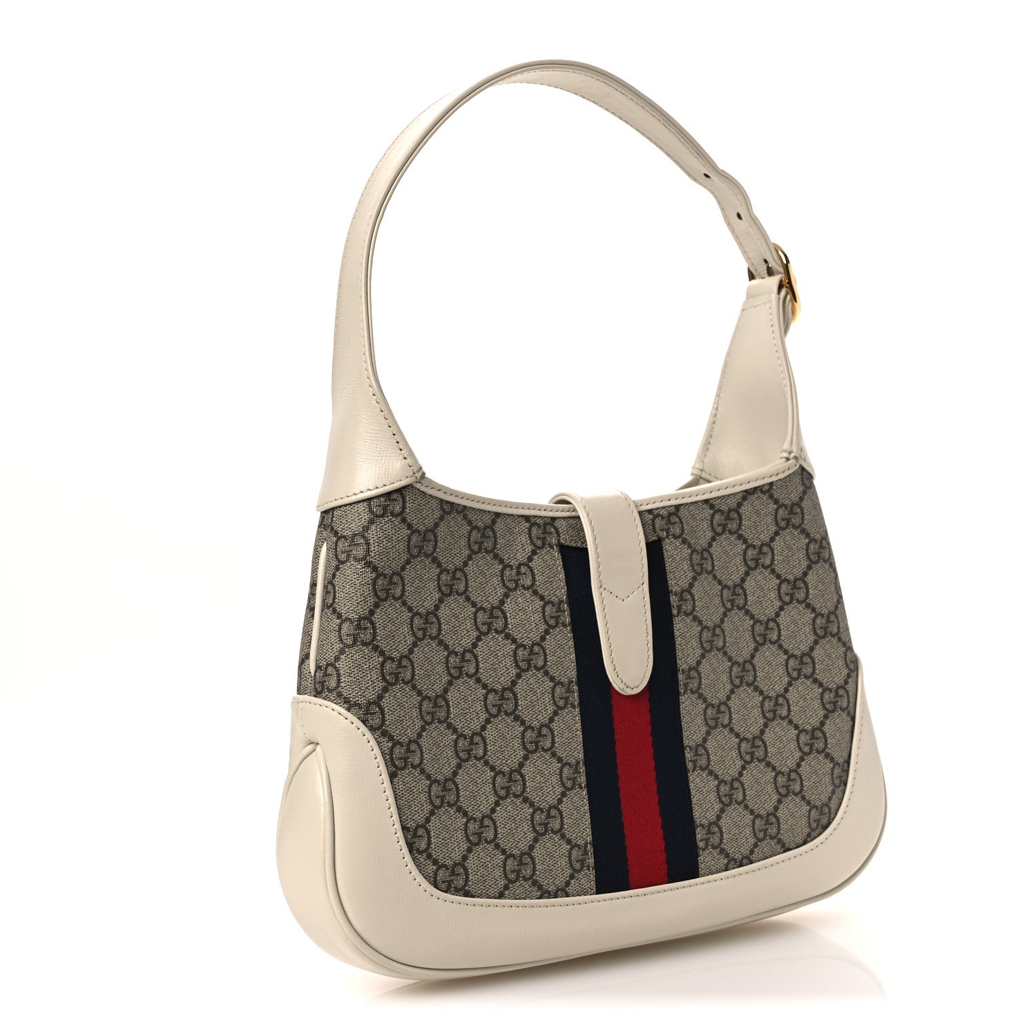 Gucci GG Supreme Monogram Azalea Calfskin Web Small Jackie 1961 Hobo Beige Ebony Mystic White