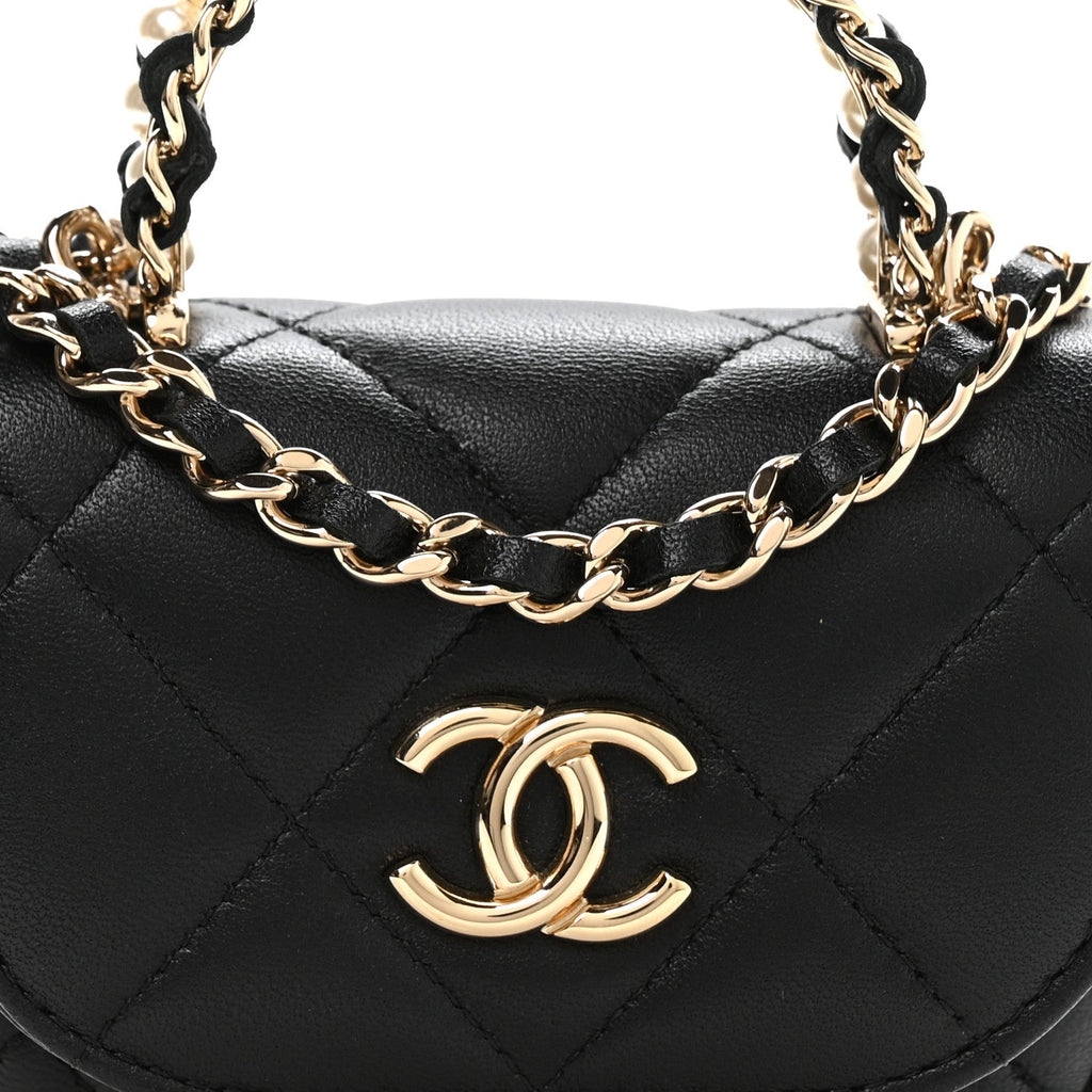 Chanel Lambskin Quilted Pearl Top Handle Clutch With Chain Black