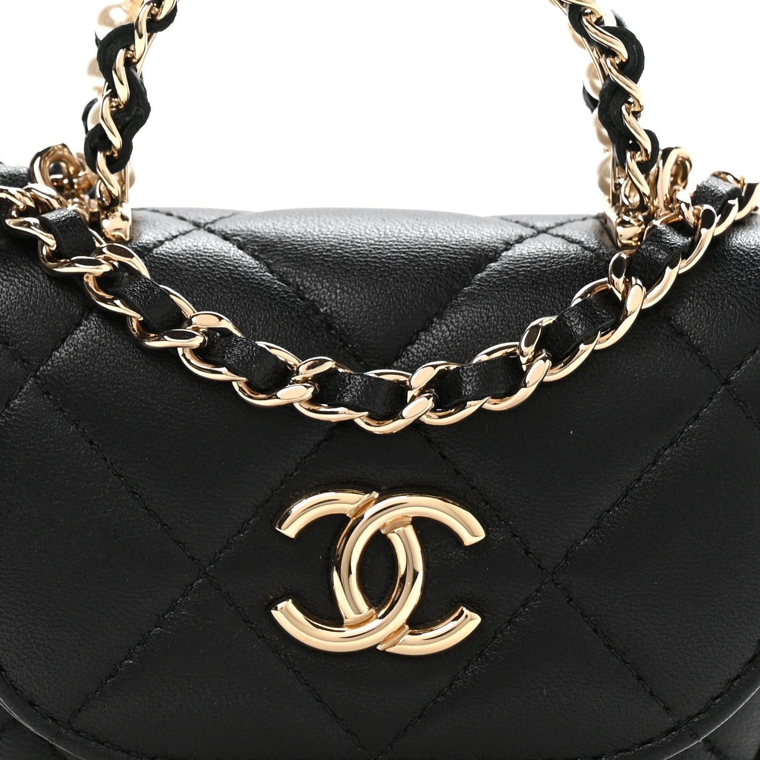 Chanel Lambskin Quilted Pearl Top Handle Clutch With Chain Black