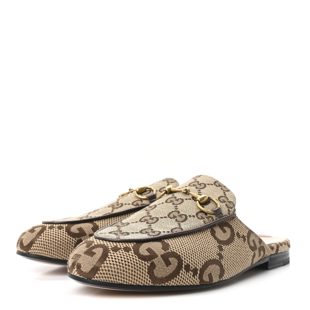 Gucci Monogram Jumbo GG Malaga Kid Womens Princetown Slippers 35.5 Camel Ebony New Acero Beige