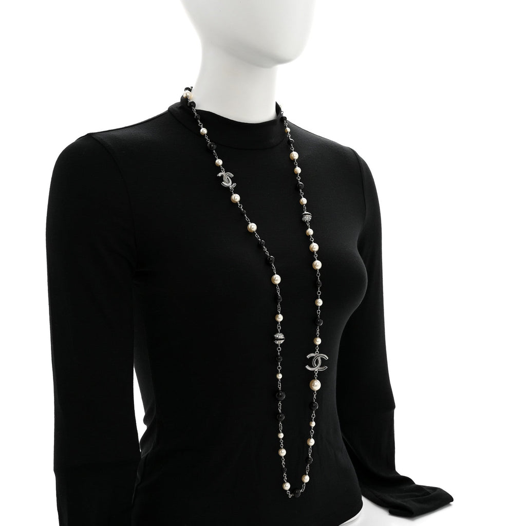 Metal Pearl Crystal Bead CC Long Necklace Black Silver