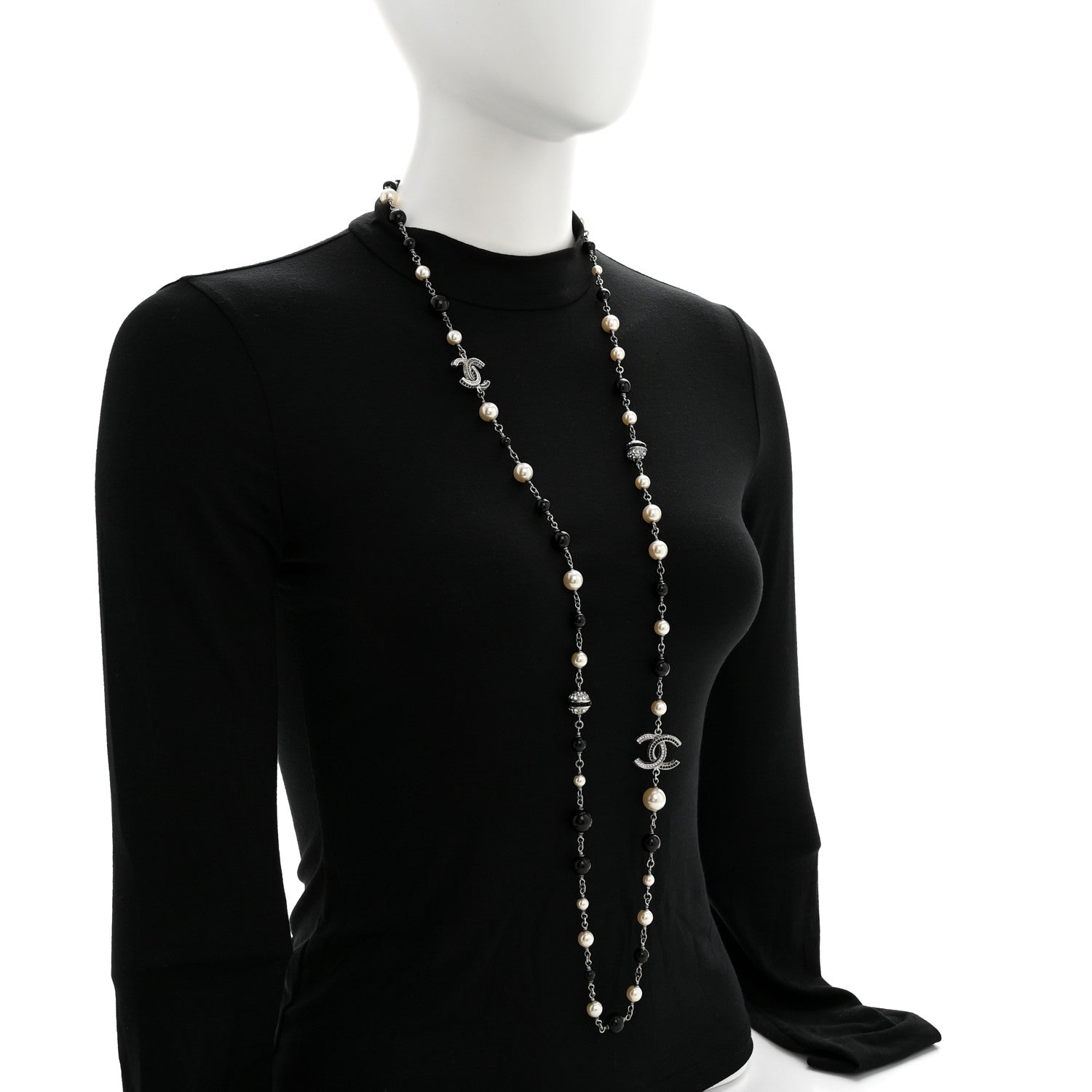 Metal Pearl Crystal Bead CC Long Necklace Black Silver