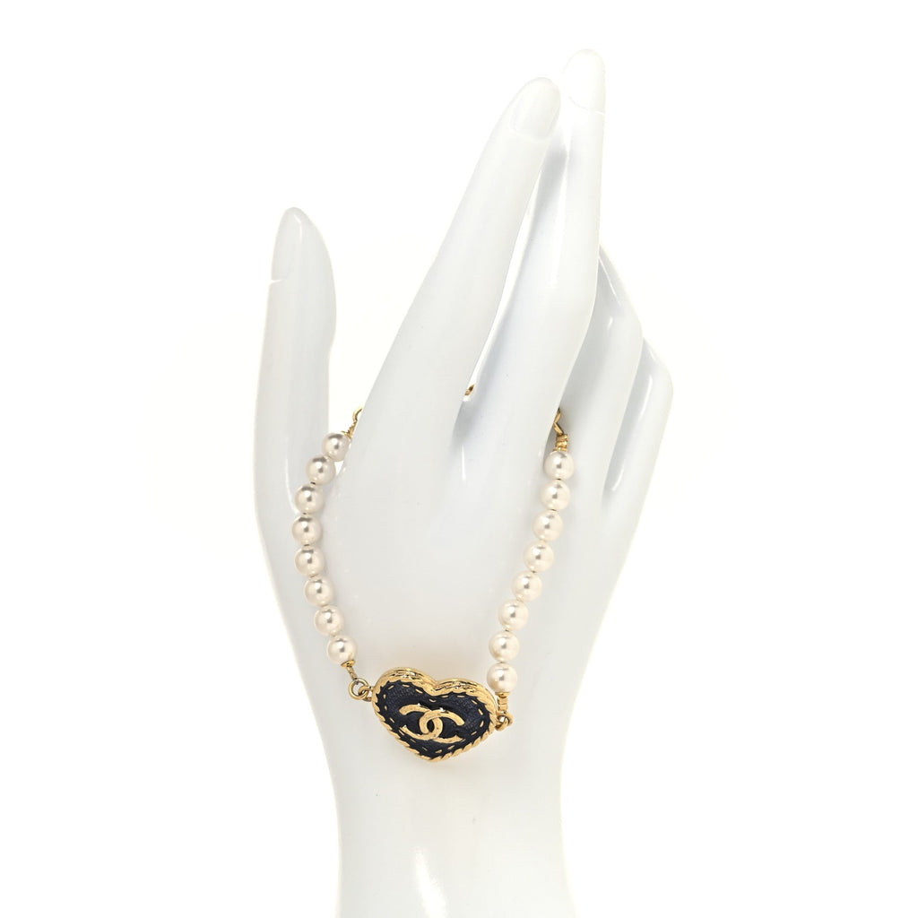 Metal Denim CC Heart Bracelet Gold Blue Pearly White