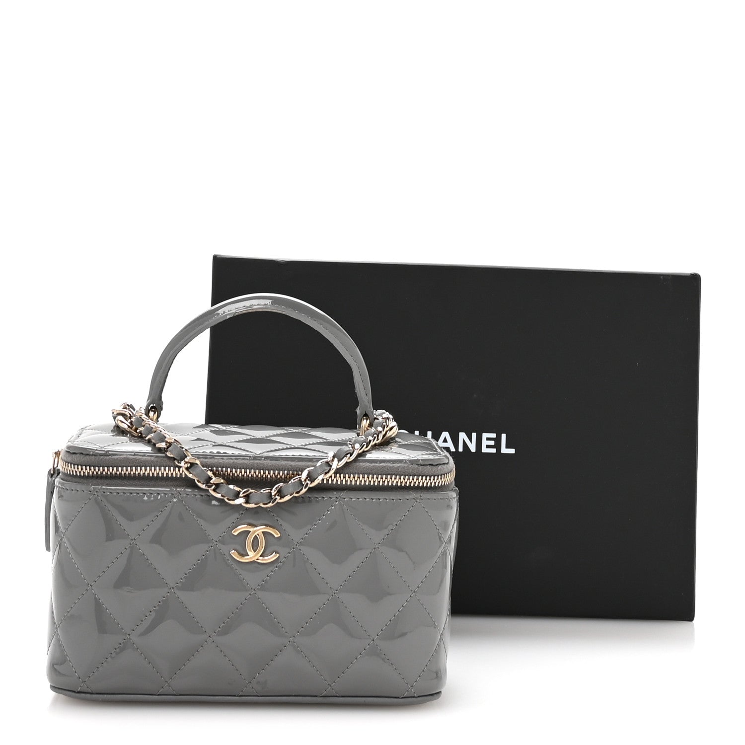 Chanel Patent Quilted Quilted Small Top Handle Vanity Case With Chain Grey