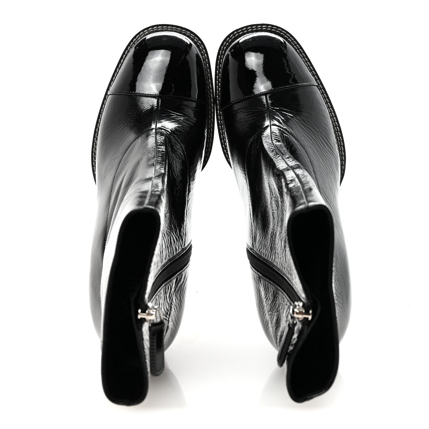 Chanel Shiny Calfskin Patent Cap Toe CC Short Boots 38.5 Black