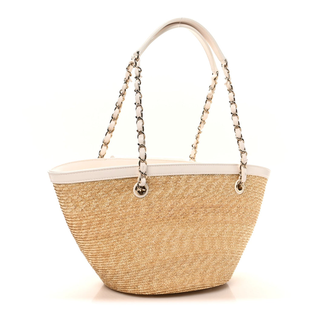 Chanel Raffia Braided Lambskin Small Shopping Tote Beige White