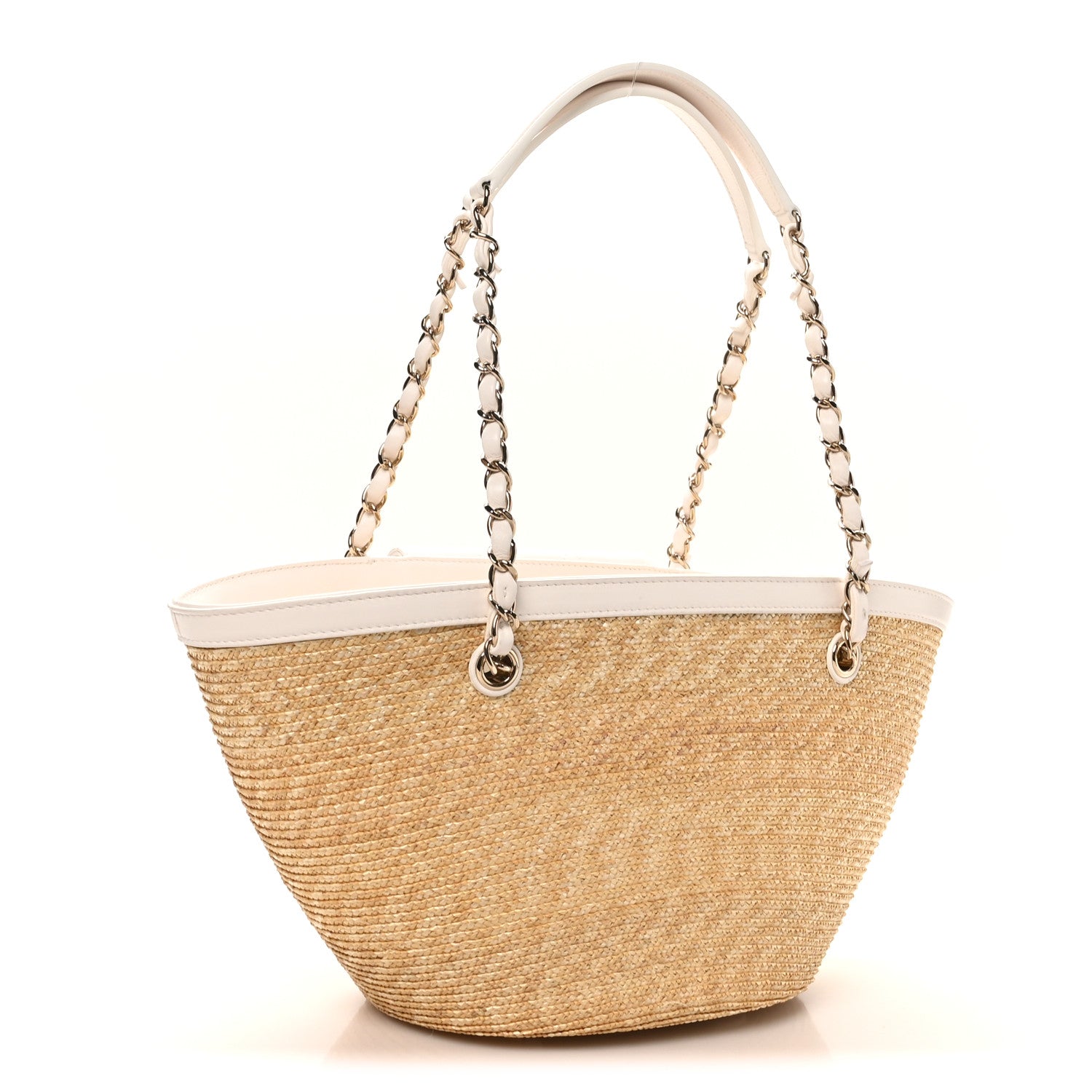 Chanel Raffia Braided Lambskin Small Shopping Tote Beige White