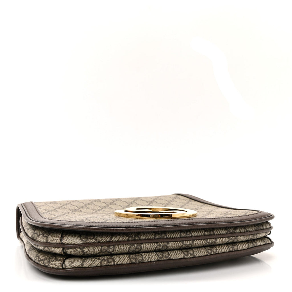 Gucci GG Supreme Monogram Textured Dollar Calfskin Web Medium Blondie Top Handle Shoulder Flap Bag Beige Ebony New Acero