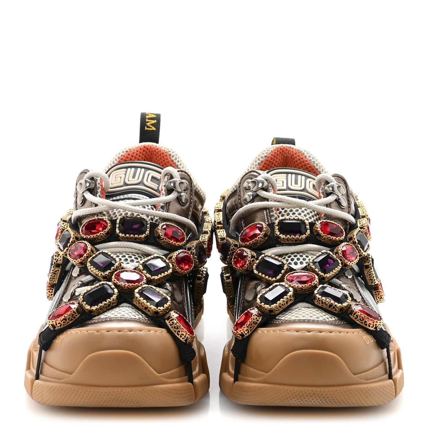Gucci X SEGA Metallic Calfskin Mesh Removable Crystals Womens Flashtrek Sneakers 36 Rame Mystic White Lago