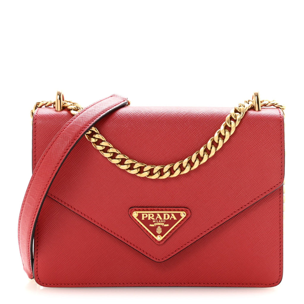 Prada Saffiano Soft Calfskin Metal Triangle Logo Envelope Chain Shoulder Bag Fuoco