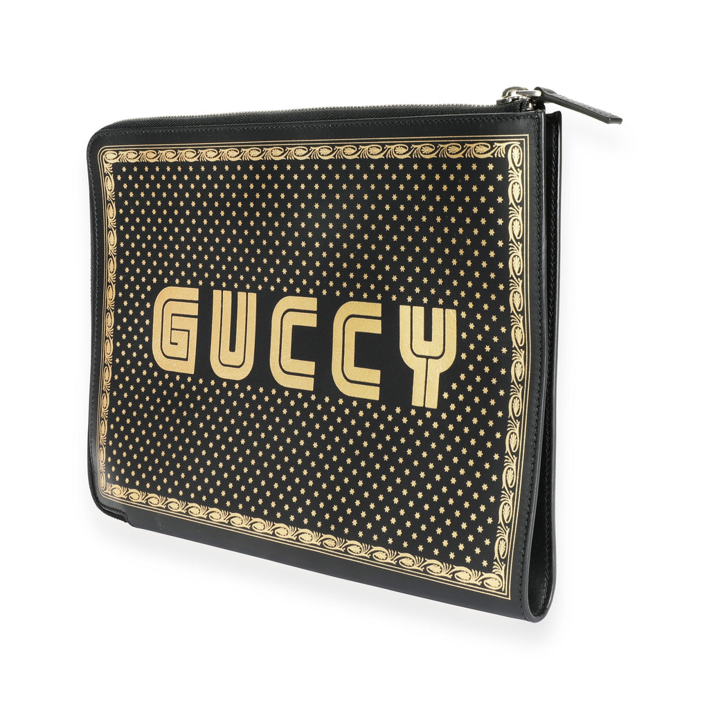 Gucci Black & Gold Magnetismo Print Leather Pouch