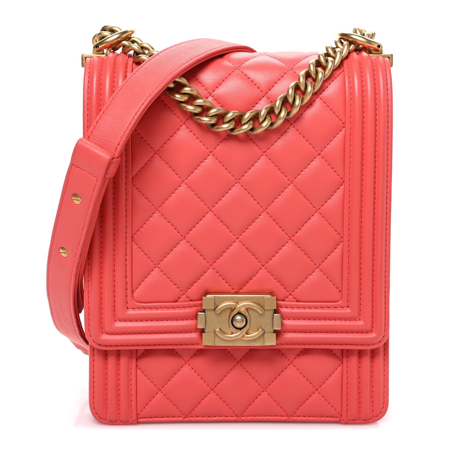 Chanel Calfskin Quilted North South Boy Flap Coral