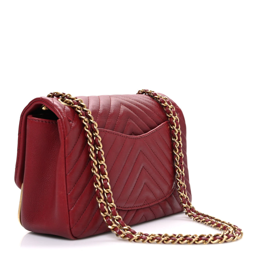 Chanel Calfskin Chevron Quilted Mini Rock The Corner Flap Red