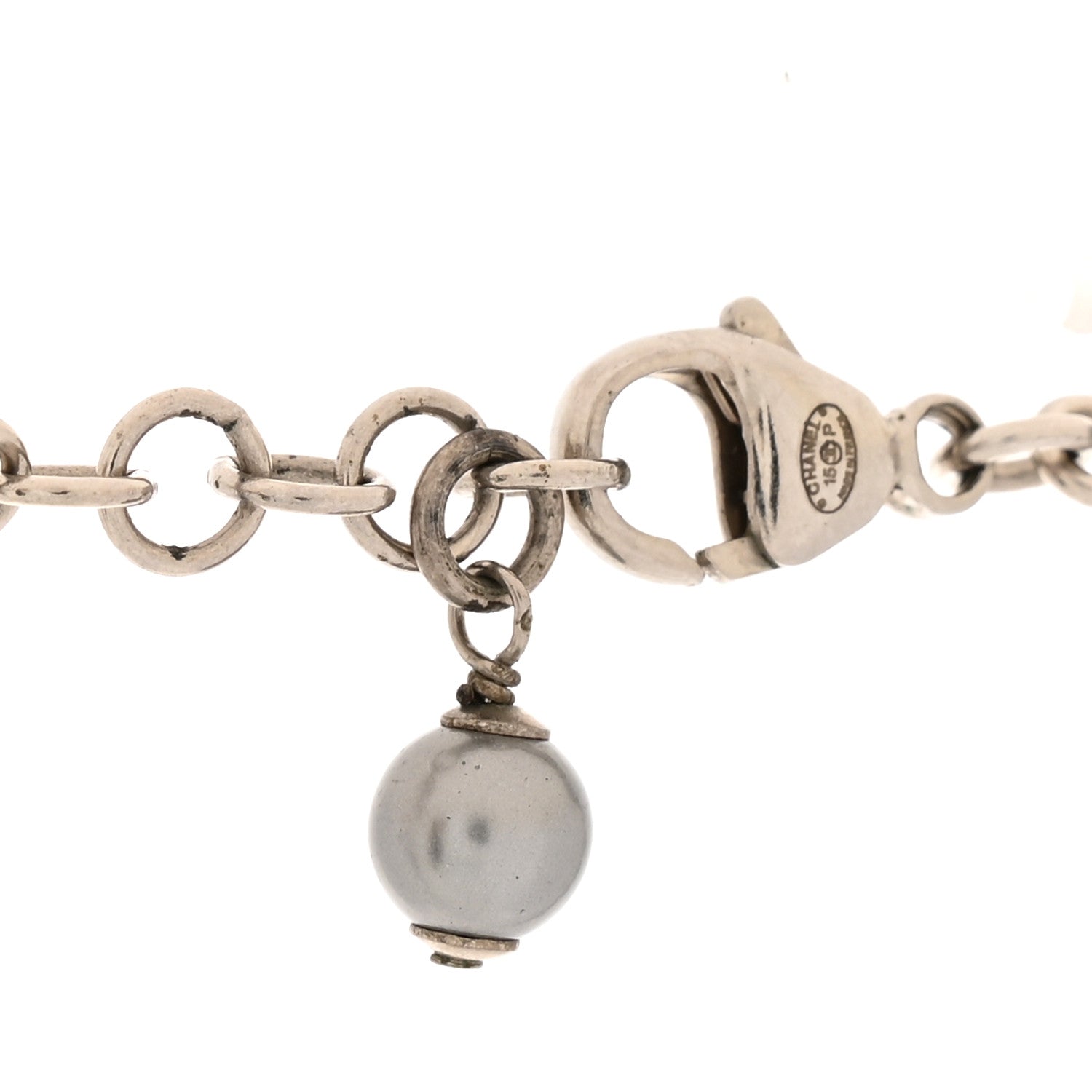 Crystal Baguette Graduated Pearl CC Short Necklace Silver Grey