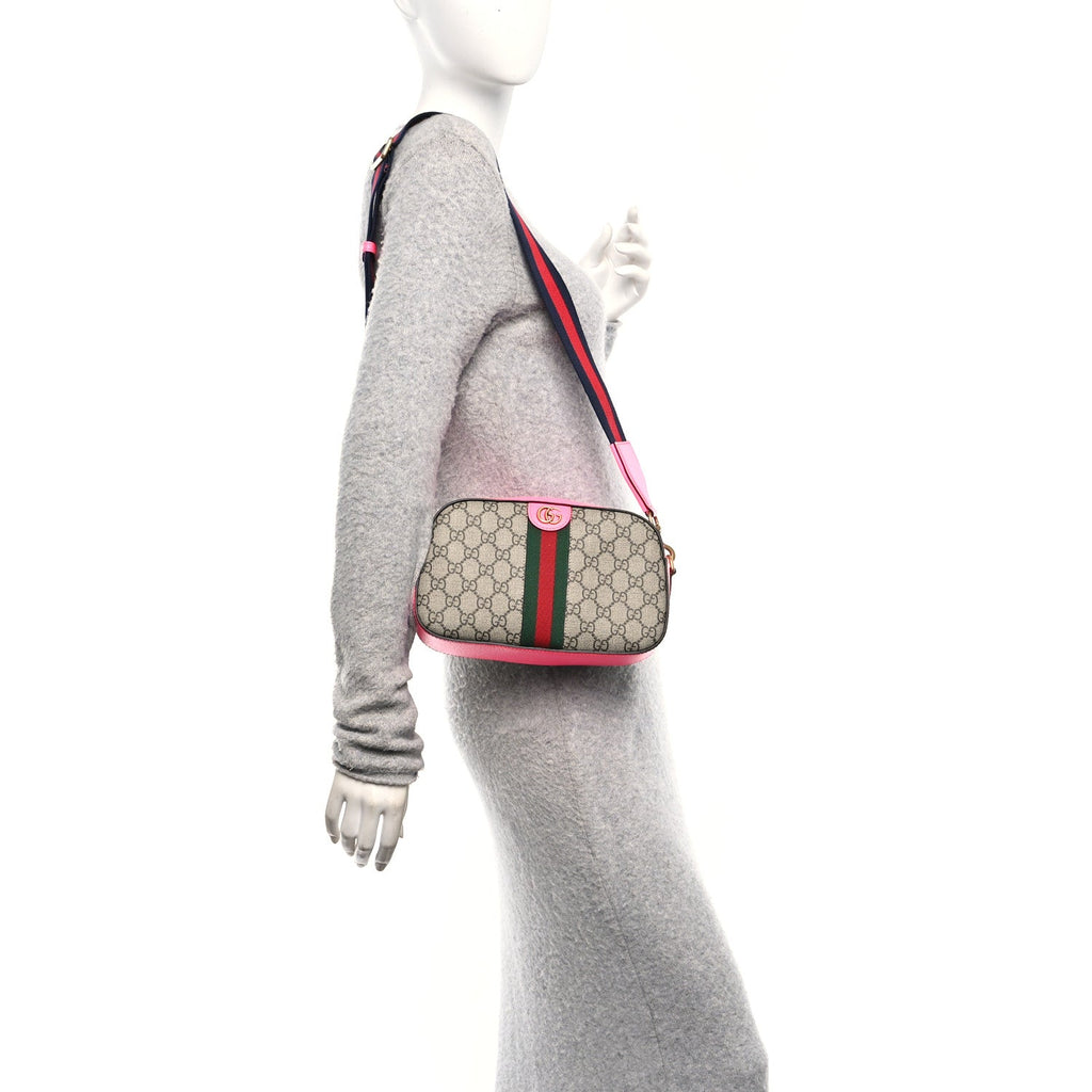 Gucci GG Supreme Monogram Textured Dollar Calfskin Web Ophidia Small Crossbody Bag Beige Ebony Fuchsia