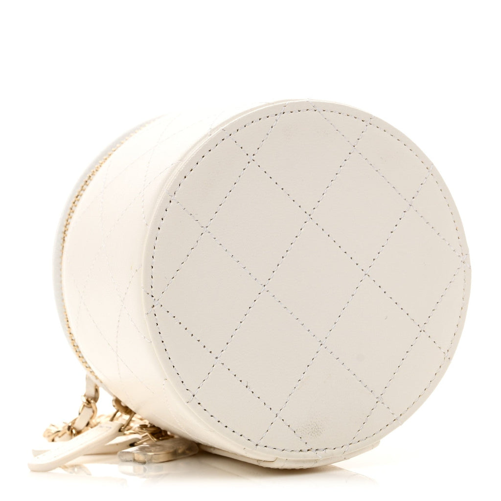 Chanel Lambskin Quilted Round Small Vanity Case With Chain White Black
