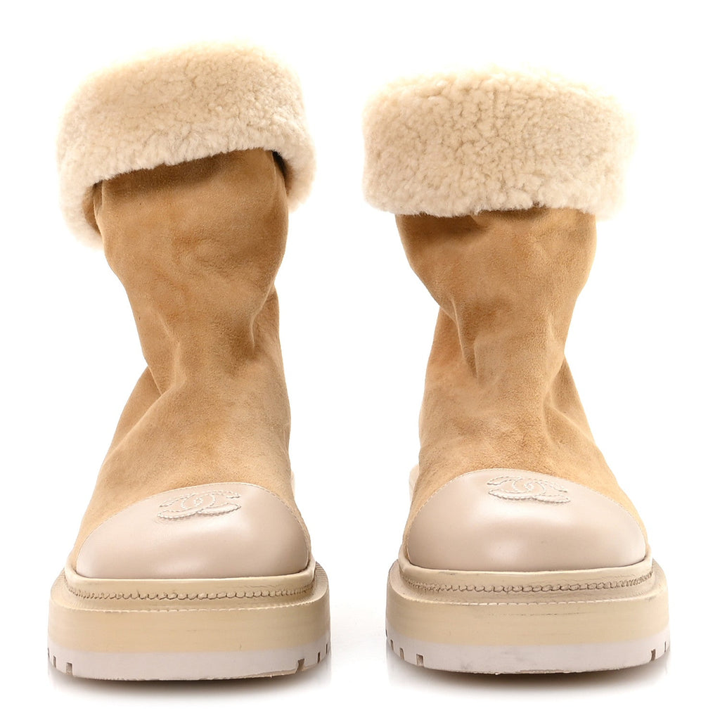 Chanel Suede Shearling Cap Toe Short Boots 38 Beige