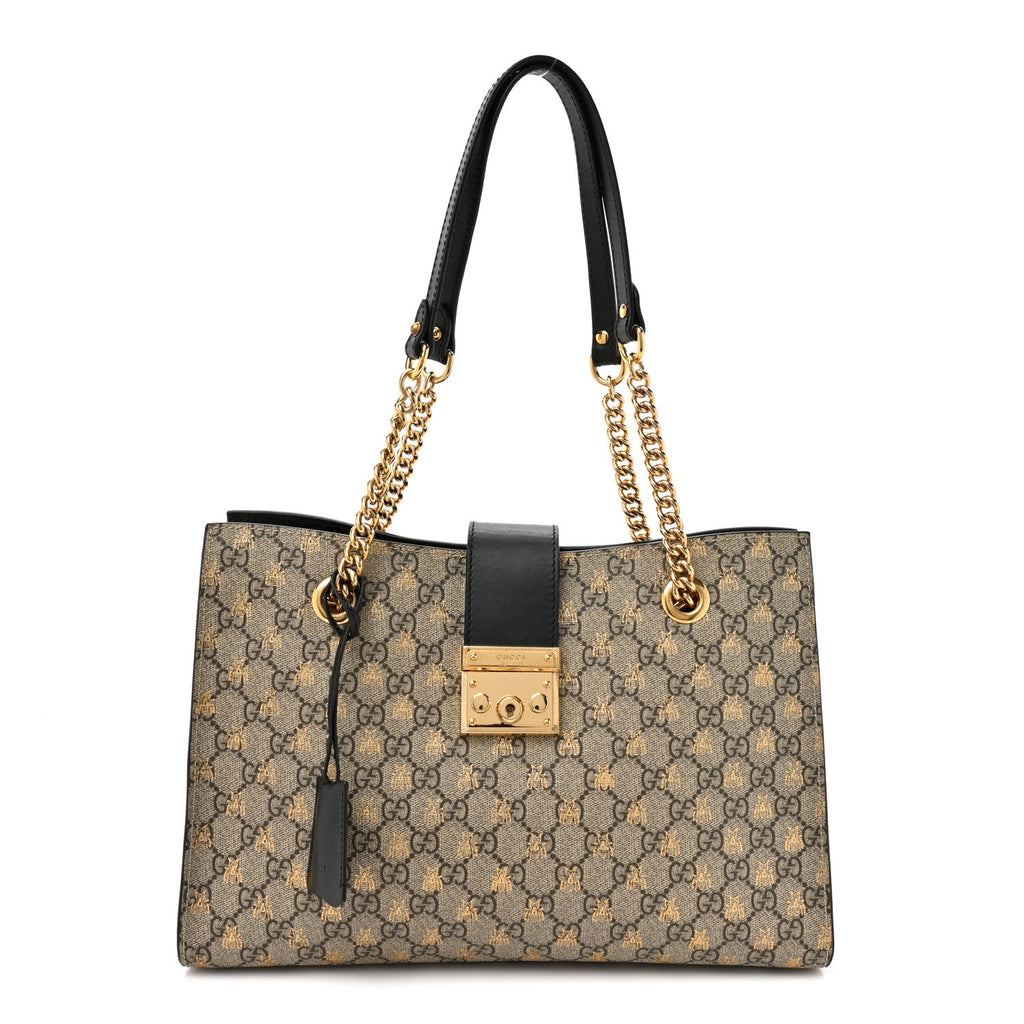Gucci GG Supreme Monogram Bees Medium Padlock Tote Beige Oro Black