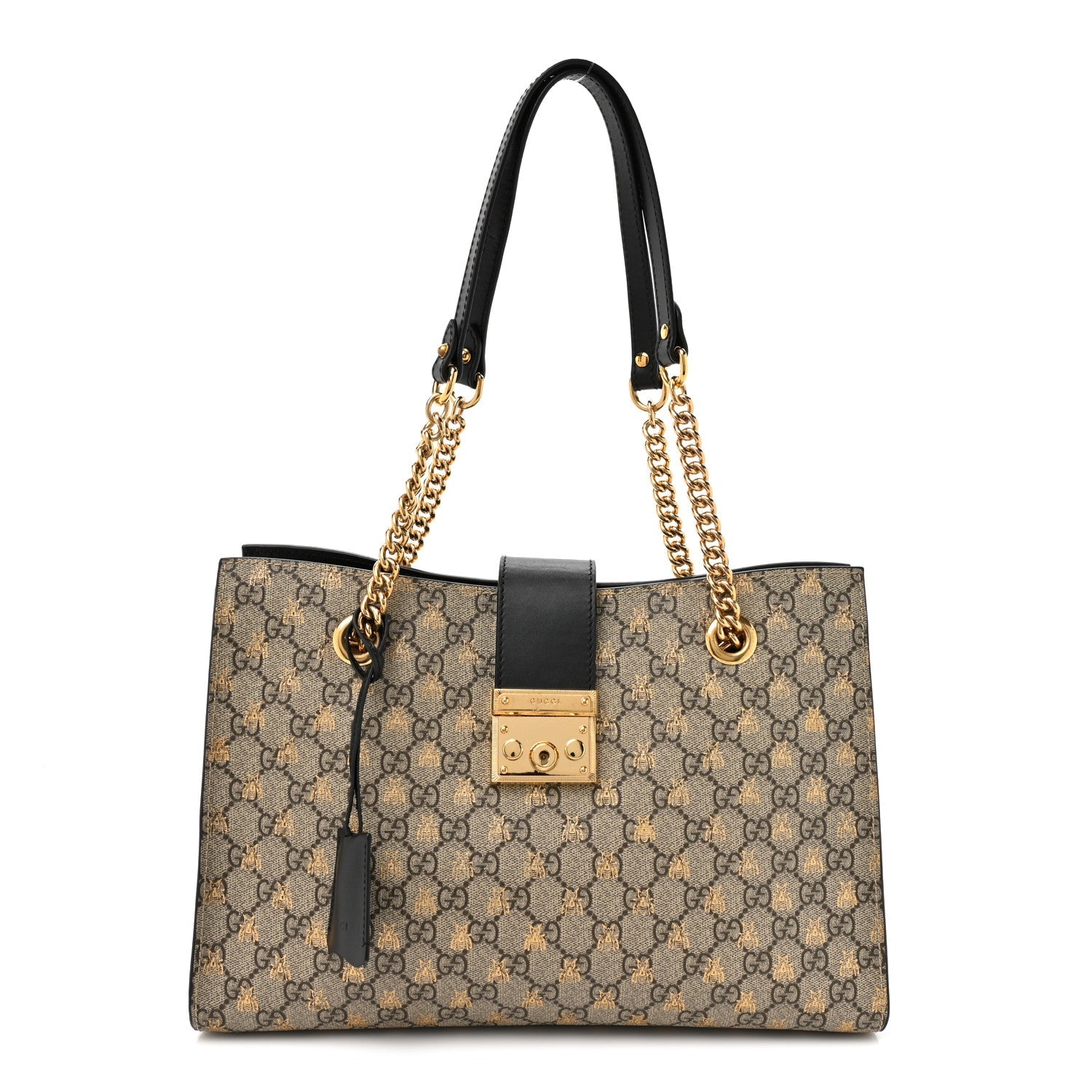 Gucci GG Supreme Monogram Bees Medium Padlock Tote Beige Oro Black