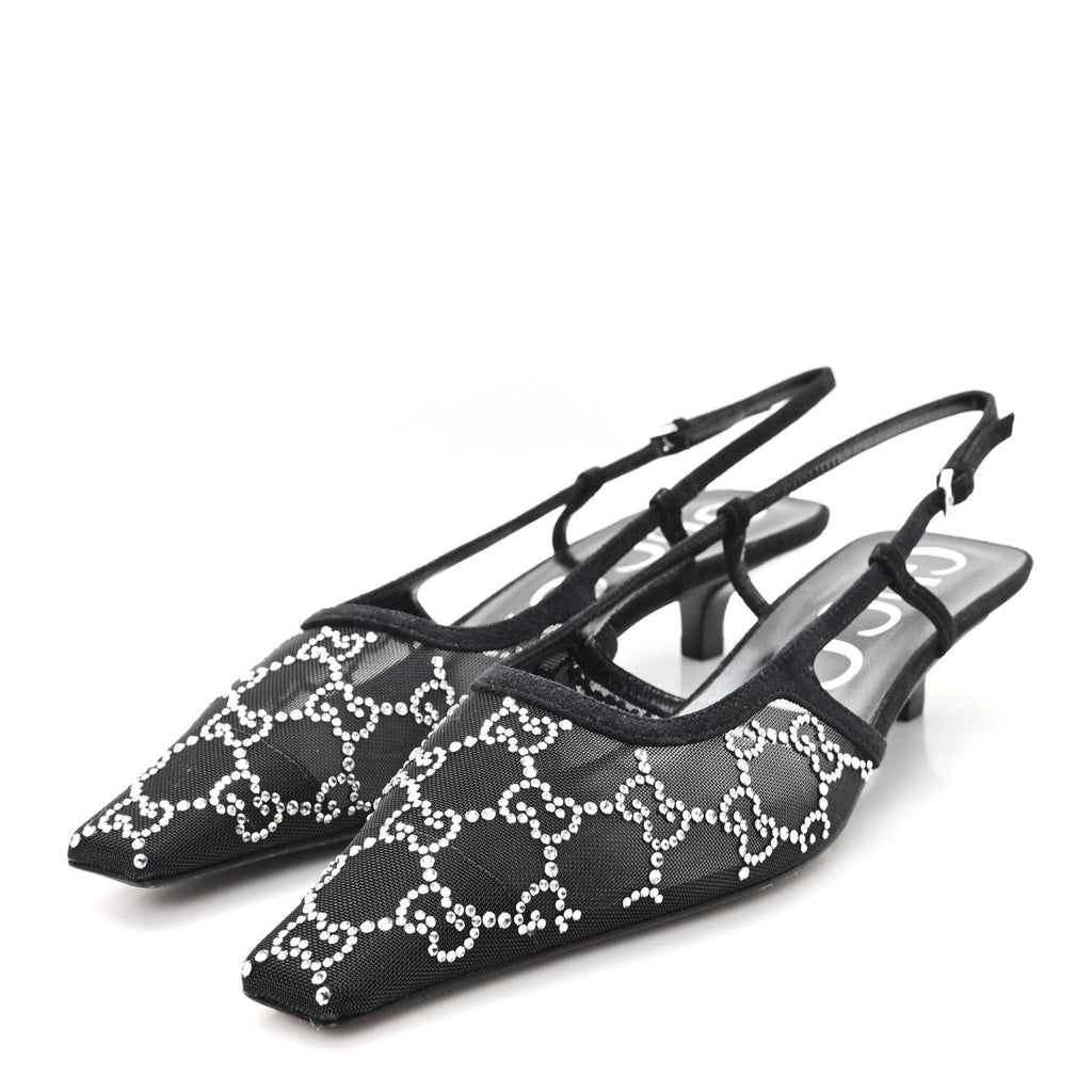 Gucci Tela Retino Kid Scamosciato Crystal GG Monogram Square G 35mm Slingback Pumps 37.5 Black