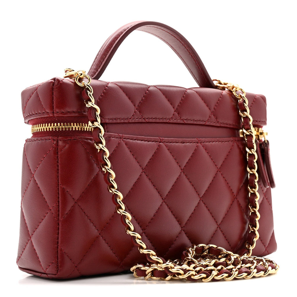 Lambskin Quilted Top Handle Slim Vanity With Chain Burgundy