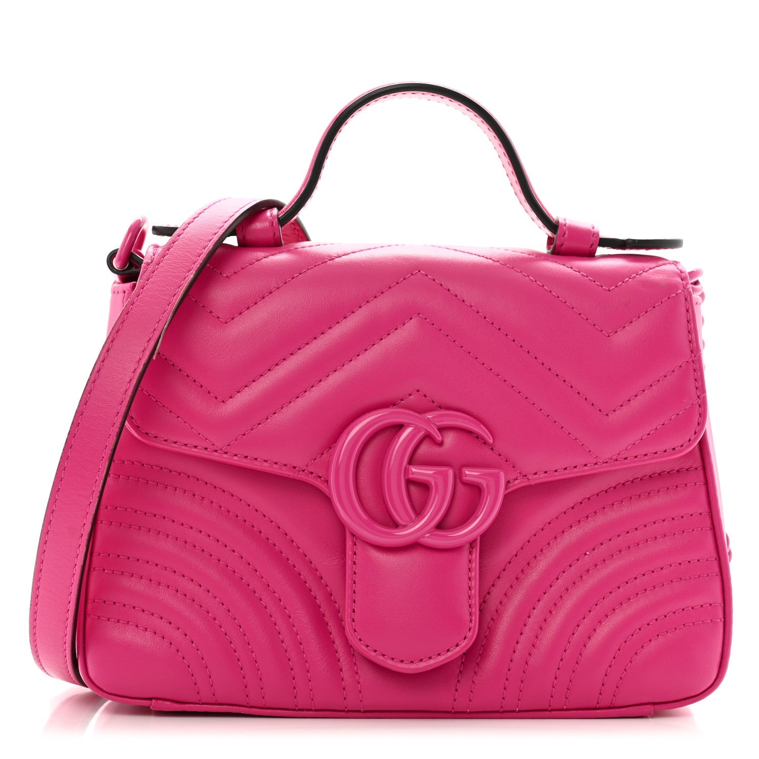 Gucci Calfskin Matelasse Monochrome Mini GG Marmont Top Handle Shoulder Bag Classic Fuxia