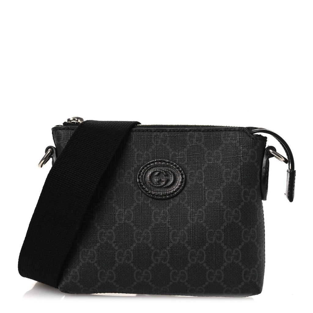 Gucci GG Supreme Monogram Azalea Calfskin Small Retro Interlocking G Wristlet Messenger Bag Black