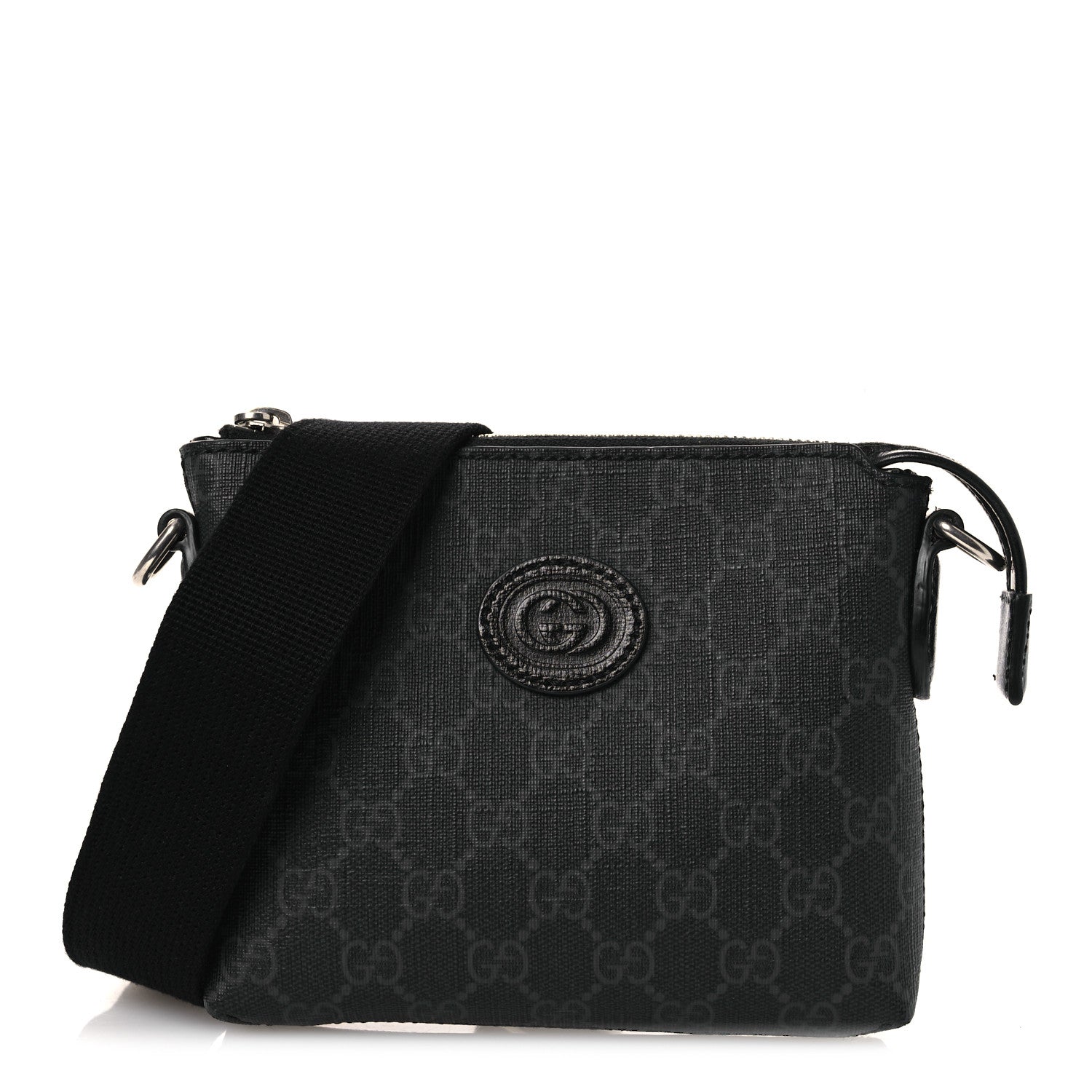 Gucci GG Supreme Monogram Azalea Calfskin Small Retro Interlocking G Wristlet Messenger Bag Black