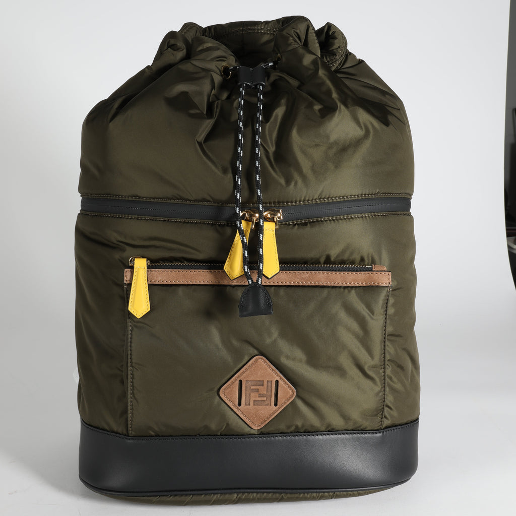FENDI Military Nylon & Black Vitello Grace Leather Expandable Dolmias Backpack