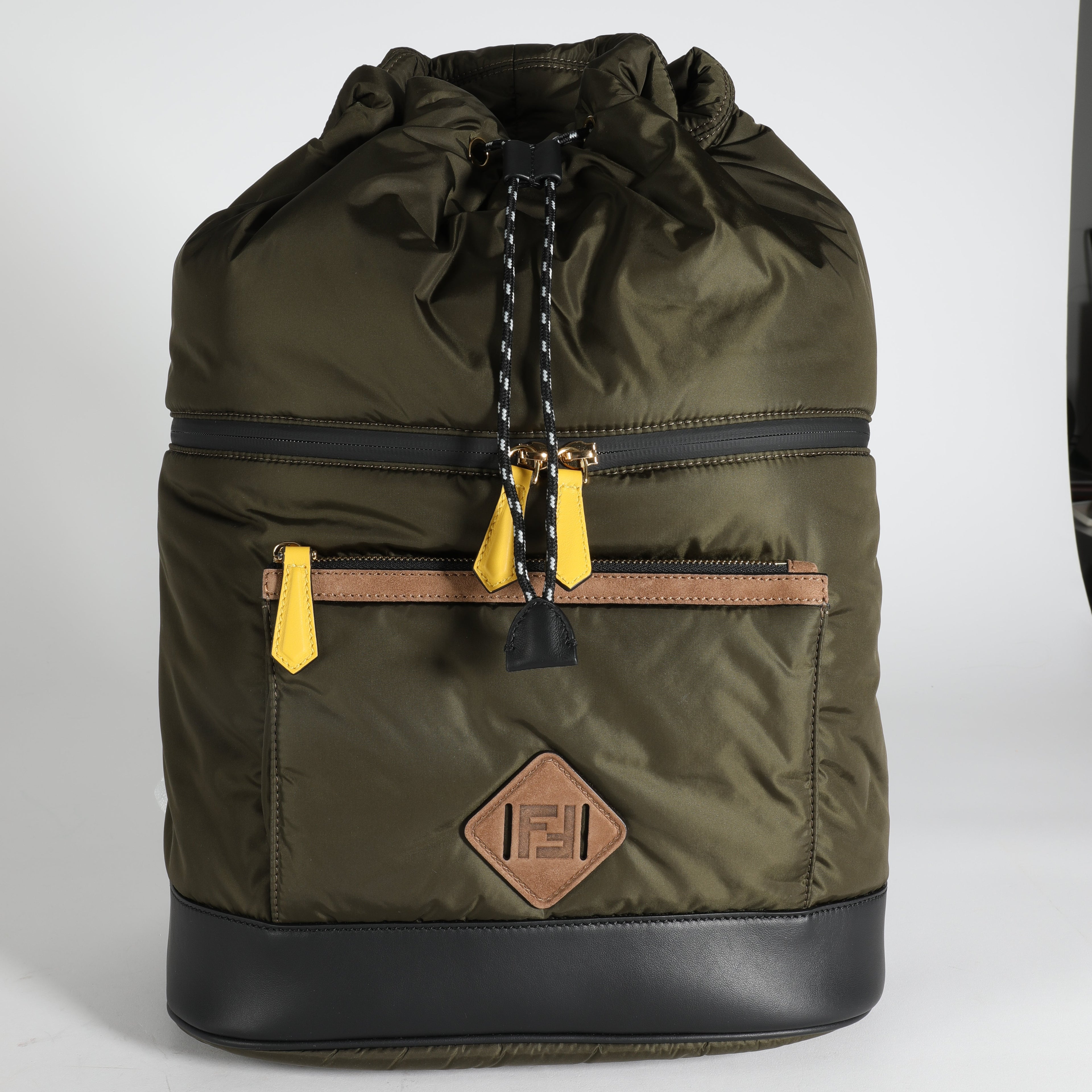 FENDI Military Nylon & Black Vitello Grace Leather Expandable Dolmias Backpack