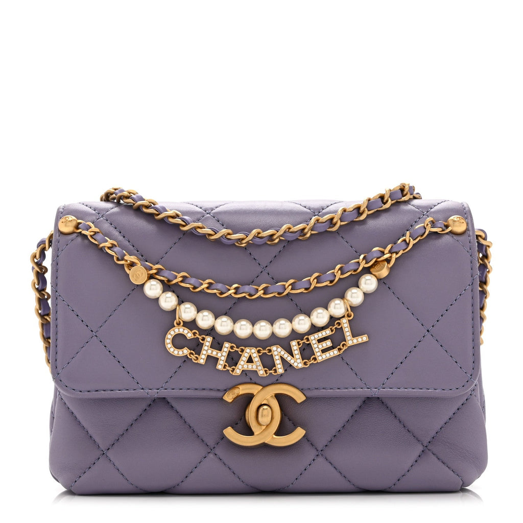 Chanel Shiny Lambskin Quilted Mini Pearl Logo Flap Light Purple
