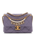 Chanel Shiny Lambskin Quilted Mini Pearl Logo Flap Light Purple