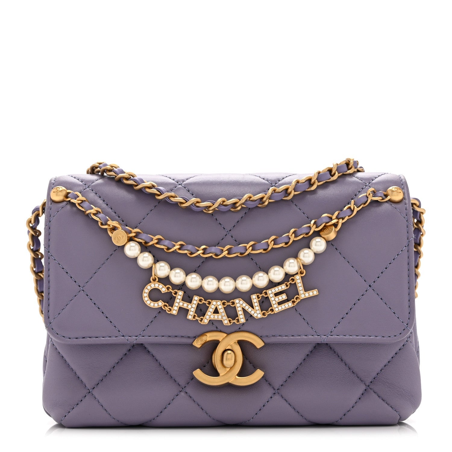 Chanel Shiny Lambskin Quilted Mini Pearl Logo Flap Light Purple