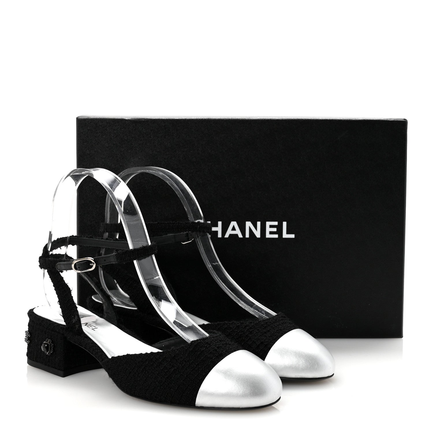Chanel Tweed Iridescent Calfskin Cap Toe CC Slingback Pumps 37 Black Silver