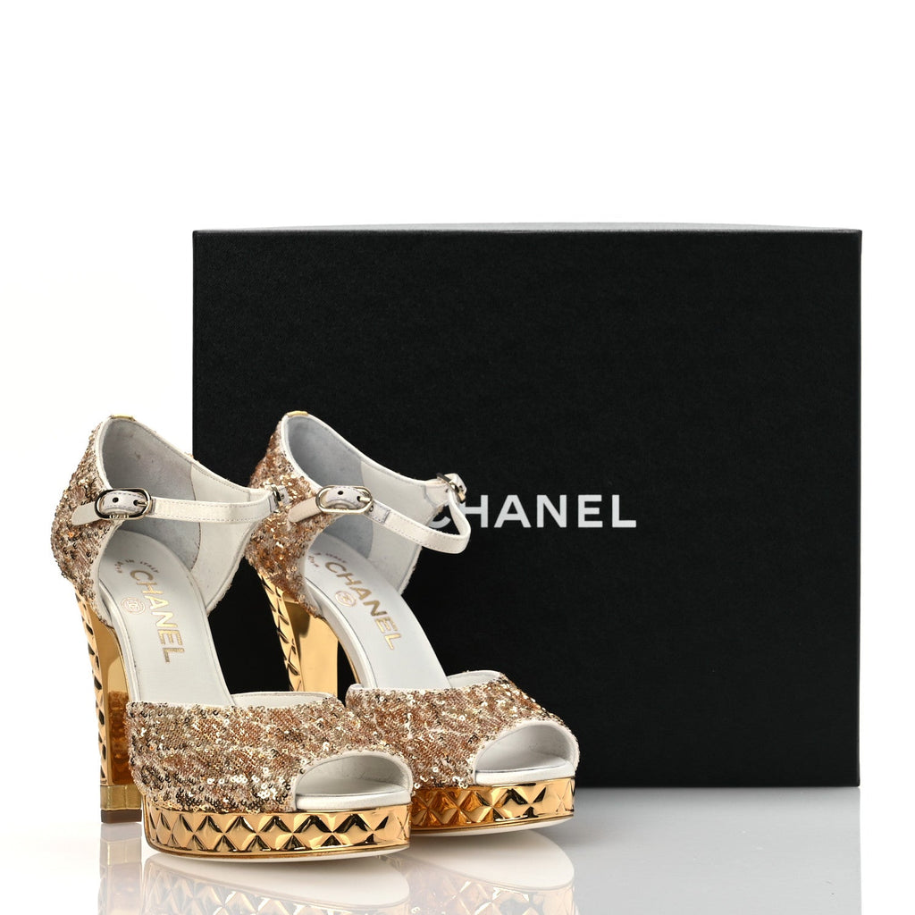 Metallic Sequin Peep Toe Pumps 37.5 Light Gold White