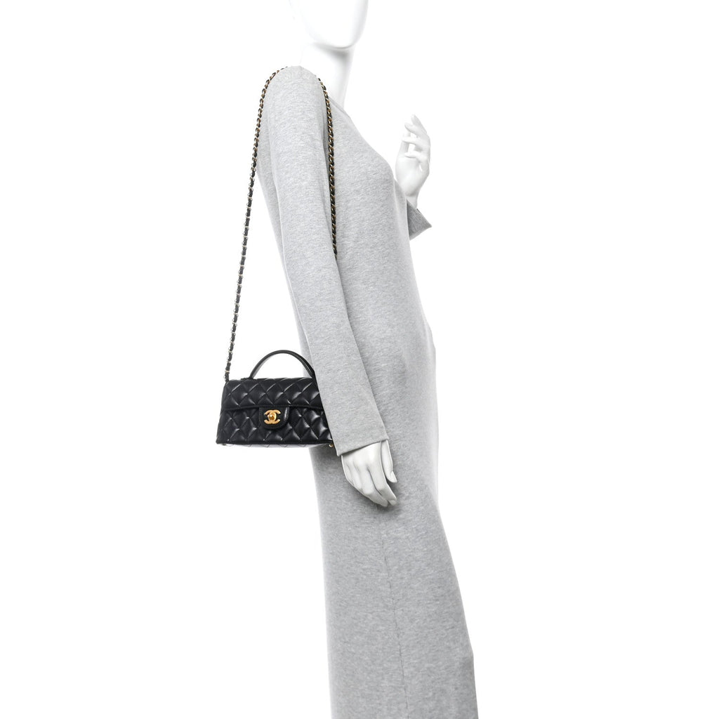 Chanel Lambskin Quilted Mini Flap Top Handle Bag Black