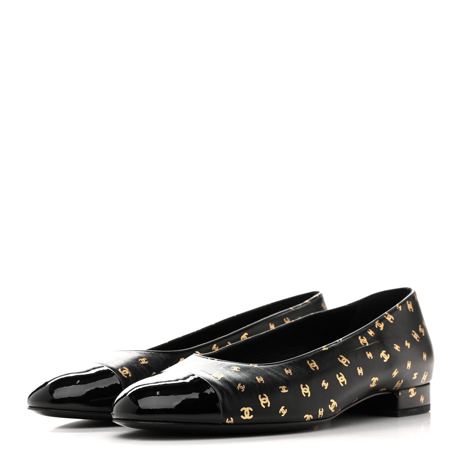Lambskin Patent Calfskin Printed CC Cap Toe Ballerina Flats 38.5 Black Gold