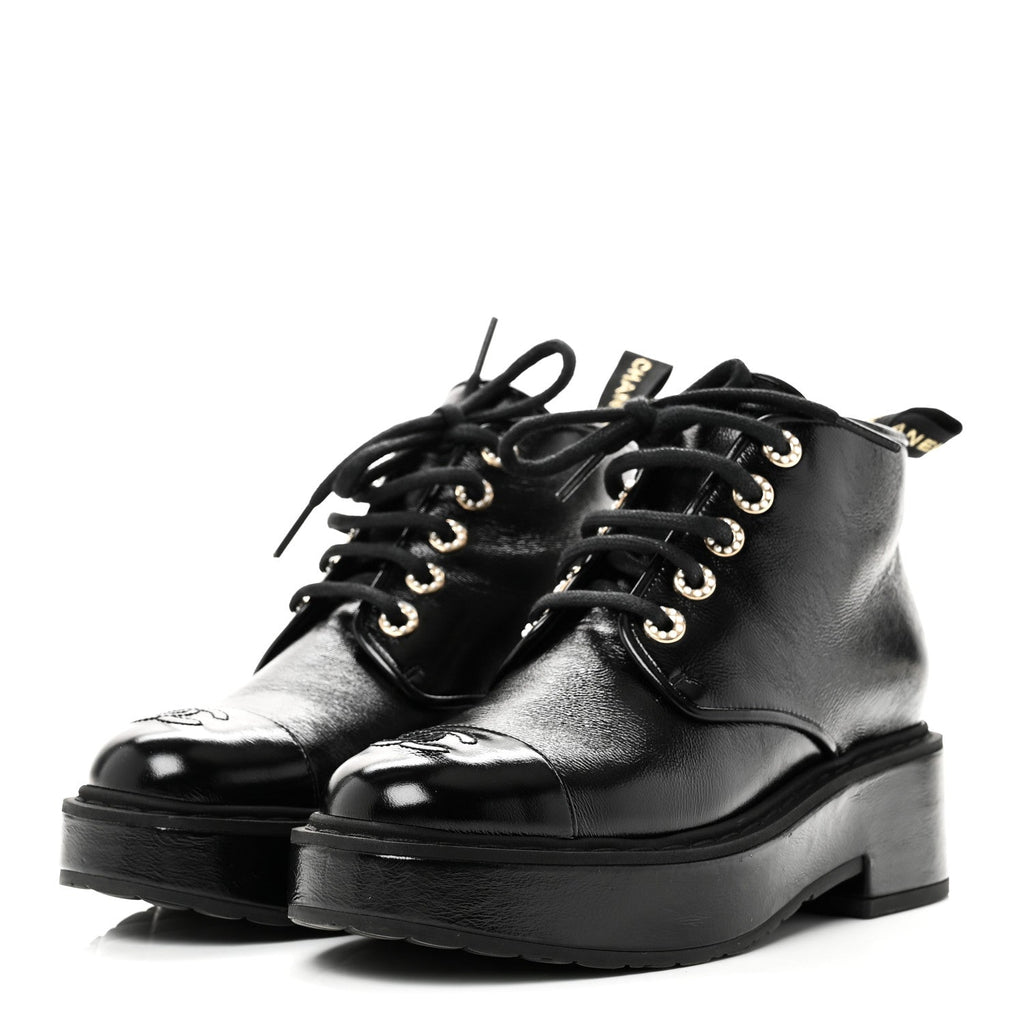Chanel Shiny Calfskin Pearl Lace Up Combat Short Boots 38 Black
