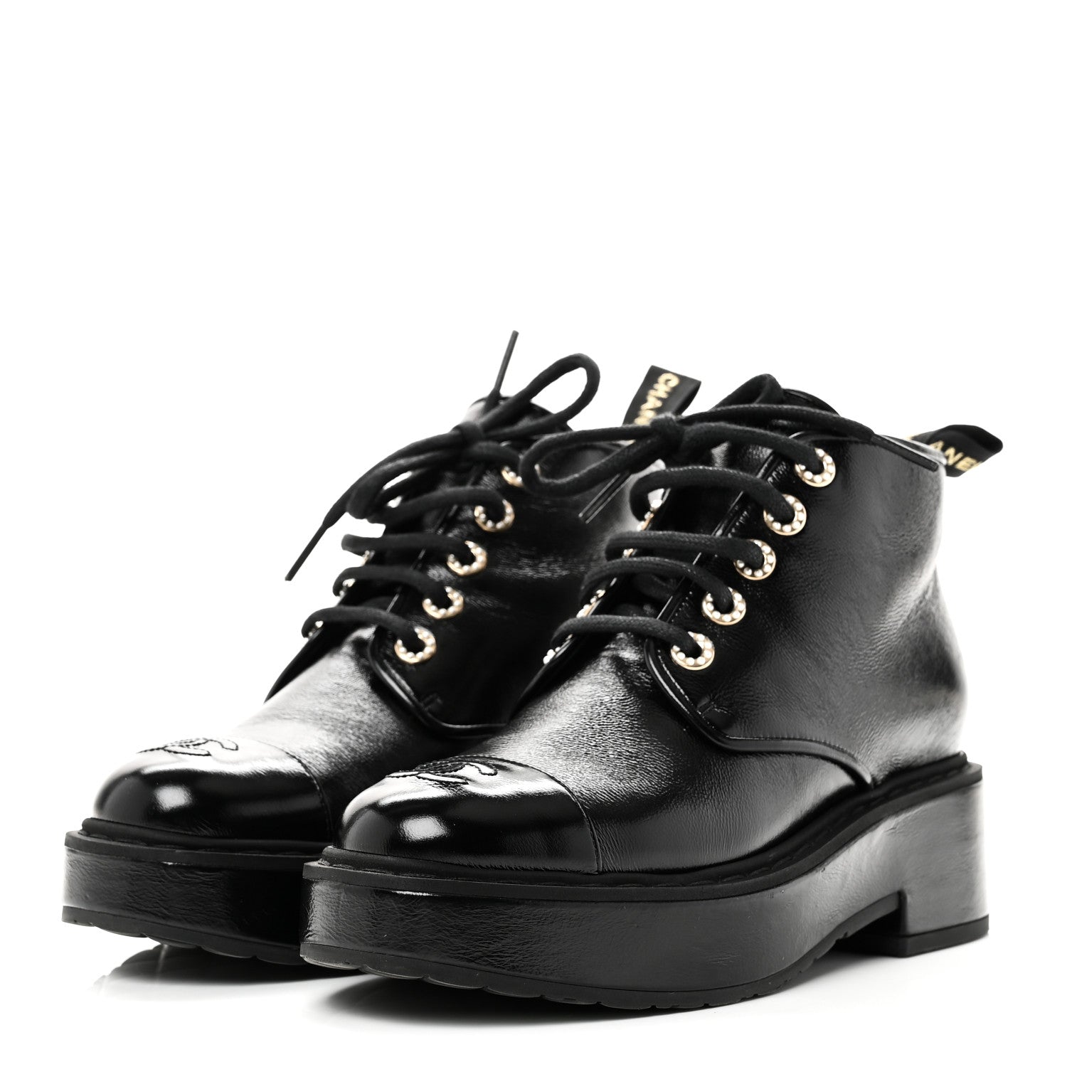 Chanel Shiny Calfskin Pearl Lace Up Combat Short Boots 38 Black