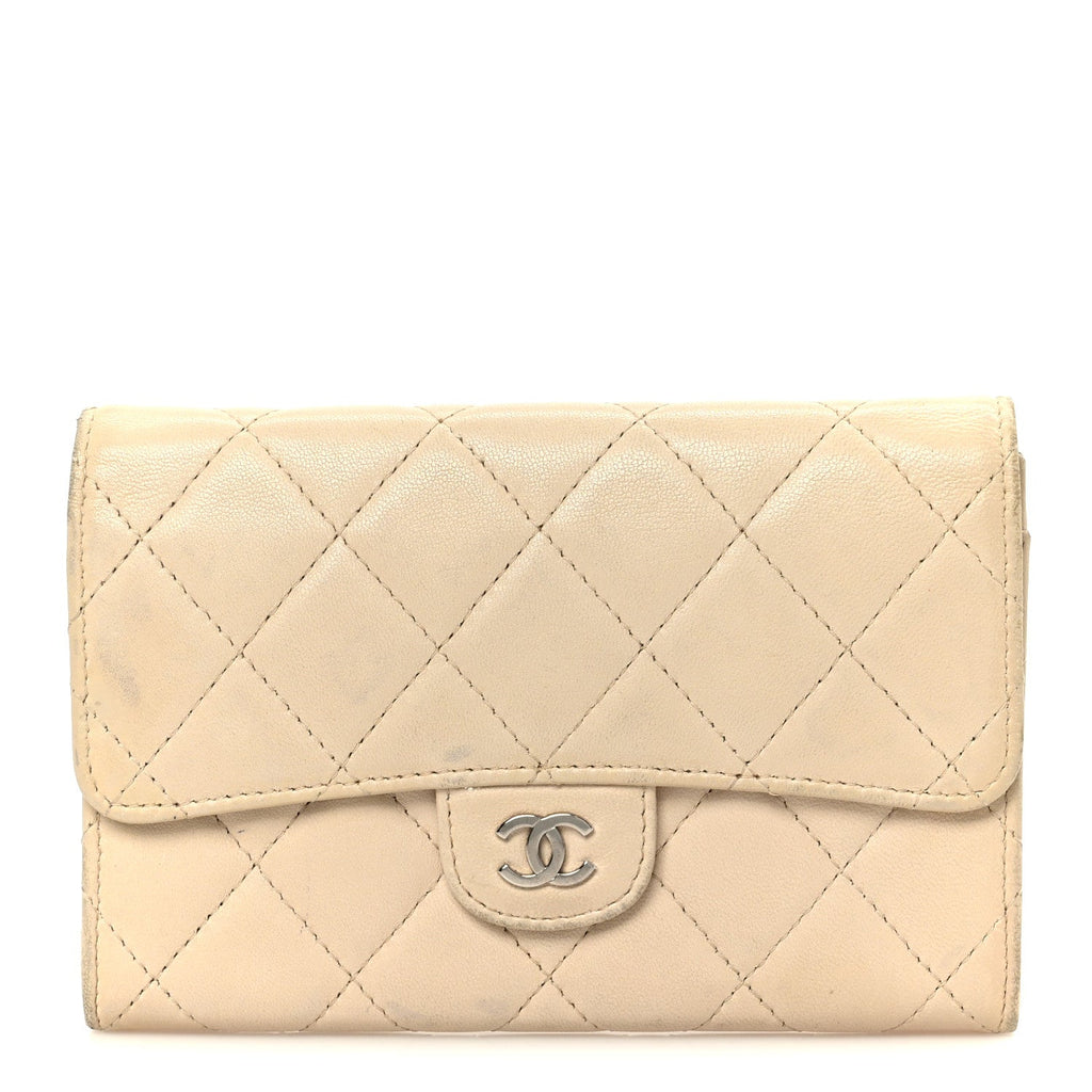 Lambskin Quilted Small Flap Wallet Light Beige