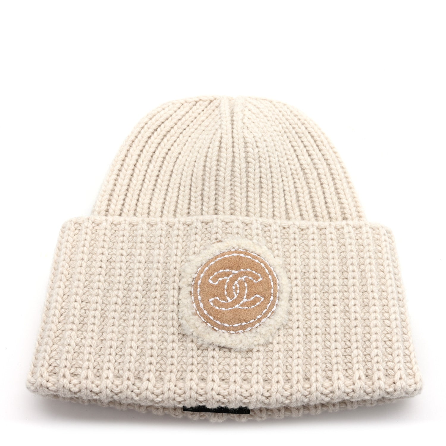 Chanel Wool Cashmere Sheepskin Shearling CC Patch Beanie Hat  Ecru Dark Beige