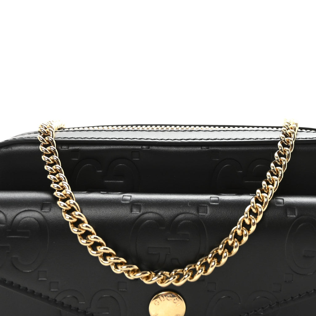 Gucci Calfskin GG Super Mini Debossed Chain Wallet Black